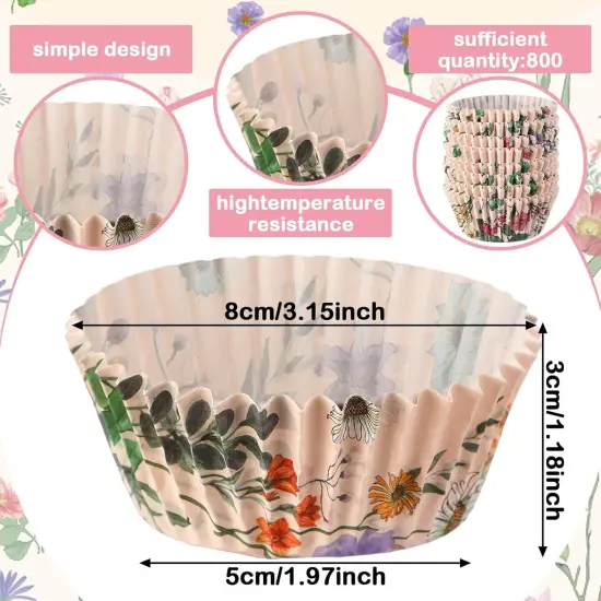 800 Pcs Vintage Floral Cupcake Liners Spring Vintage Floral Cupcake Wrappers Grease Proof Vintage Floral Muffin Liners Disposable Baking Cups for Baking Weddings Party(3.15 x 1.97 x 1.18 Inch) {3}