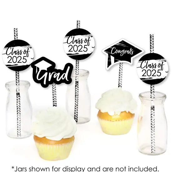 Big Dot of Happiness Black and White 2025 Graduation Paper Straw Decor - Party Striped Decorative Straws - Set of 24 {6}