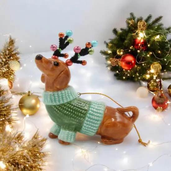 Ceramic Christmas Dachshund Ornament, Christmas Tree Decor, Dachshund Owner Gift, Dog Lover Gift {1}