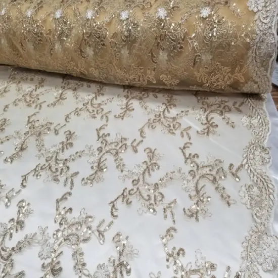 1 Yard Gold Metallic Flowers Sequins Mesh Lace Fabric for Tablecloths and Costumes {1}