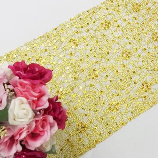 1 Yard Gold Sequin Chain Chemical Lace Embroidery Fabric for Dress Decor 54 Inches Wide {5}