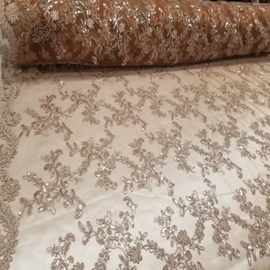 1 Yard Bronze Metallic Flowers Sequins Mesh Lace Fabric for Tablecloths and Costumes {2}