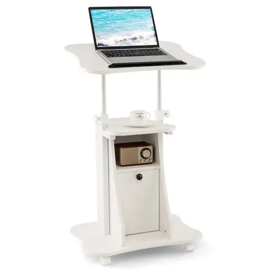 Costway Mobile Podium Stand Office Laptop Cart with Storage Adjustable Height White/Black {7}