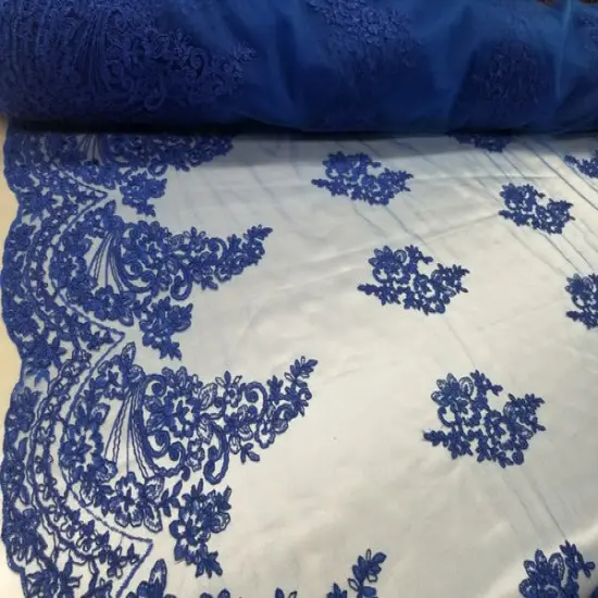 1 Yard Royal Blue French Floral Mesh Lace Fabric for Wedding Dresses and Decor 50/54 Inch Width {2}