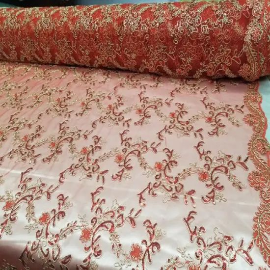 1 Yard Red Metallic Flowers Sequins Mesh Lace Fabric for Tablecloths and Costumes {1}