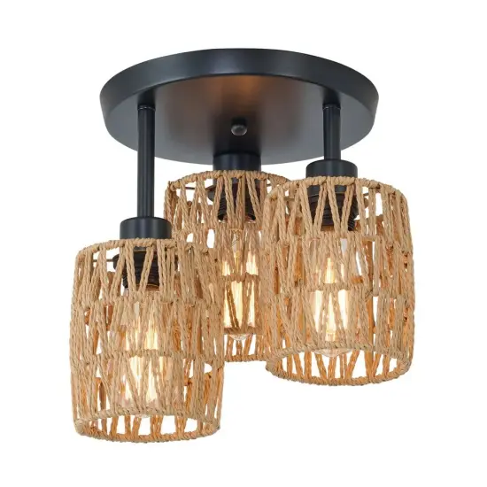 3-Light Semi Flush Mount Ceiling Lamp Farmhouse Rattan Pendant Lamp Fixture {1}