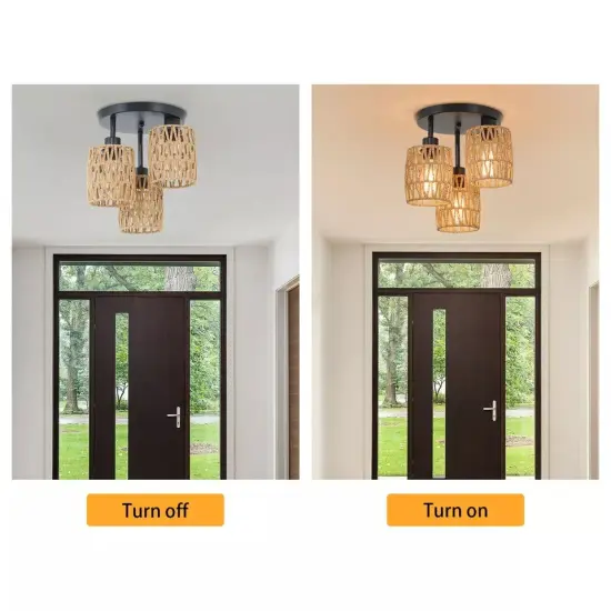 3-Light Semi Flush Mount Ceiling Lamp Farmhouse Rattan Pendant Lamp Fixture {3}