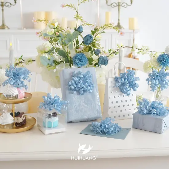 Blue Bows for Gift Wrapping Dusty Blue Plaid Ribbon Bow Self Adhesive Curly Gift Bows for Presents, Treat Bags, Bridal Shower Favors, Wrapping Accessories -5 inch x 8 Counts {3}