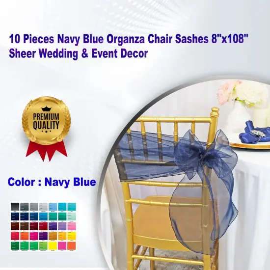 10 Pieces Navy Blue Organza Chair Sashes 8"x108" Sheer Wedding & Event Decor {1}