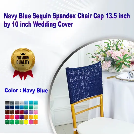 1 Piece Navy Blue Sequin Spandex Chair Cap 13.5 inch by 10 inch Wedding Cover {1}