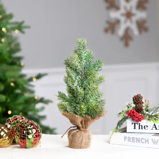 Northlight Frosted Icy Pine Tree in Burlap Base Christmas Tree - 11.75" - Unlit Green {1}