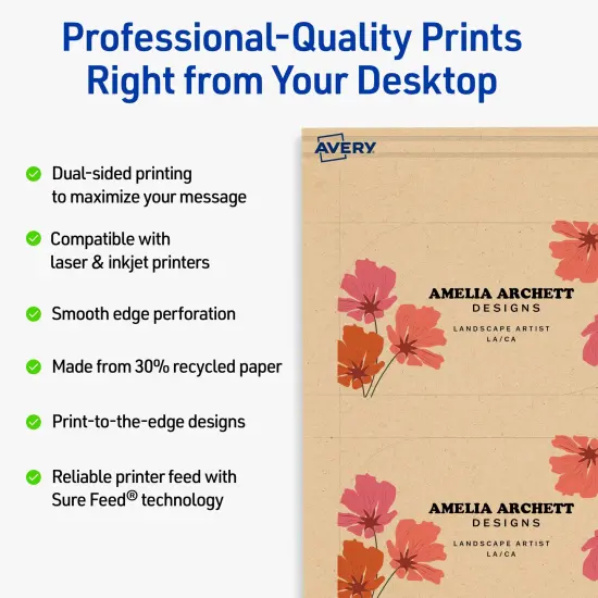 Avery Printable Leaf Business Cards, Sure Feed Technology, 2" x 3-1/2", Matte Kraft Brown Cardstock, Print-to-The-Edge, Laser/Inkjet Printable, 80 Total {8}