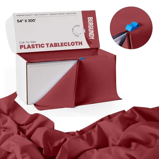  Party Solids 54" x 300' Plastic Table Cover Roll with Slide Cutter &ndash; Cut-to-Size Dispenser Box &ndash; Makes Up to 36 Disposable 8' Rectangle Tablecloths by Exquisite Burgundy {2}