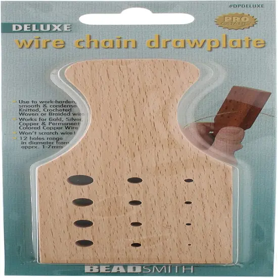 The Beadsmith Deluxe Wire Chain Drawplate, 6 x 2.25, Wooden, with Handle, 12 Holes - Diameter Range 1-7mm, Smooth, Shape and condense Knitted, Crocheted Woven or Braided Wire {6}