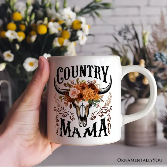 Country Mama Floral Vintage Mug, Western Buffalo Skull Gift for Moms {5}