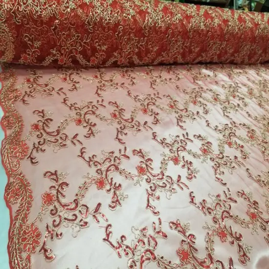 1 Yard Red Metallic Flowers Sequins Mesh Lace Fabric for Tablecloths and Costumes {2}
