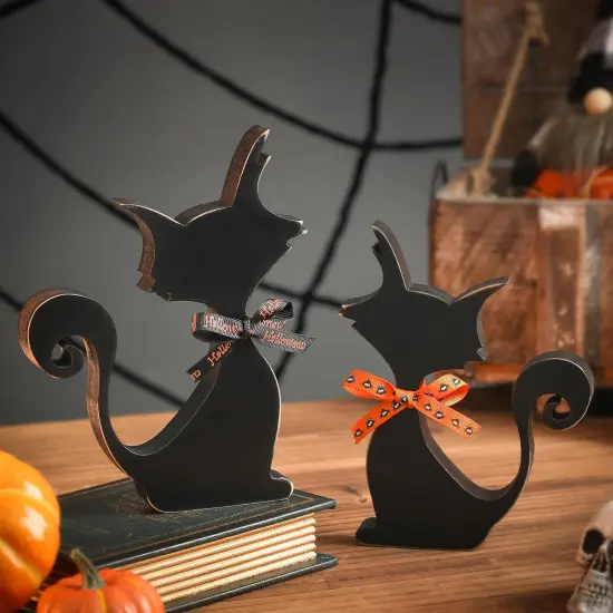 2Pcs Halloween Wood Black Cats Decor {2}