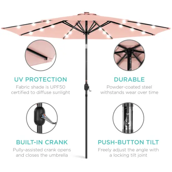 Best Choice Products 10ft Solar LED Lighted Patio Umbrella w/ Tilt Adjustment, UV-Resistant Fabric Rose Quartz {5}