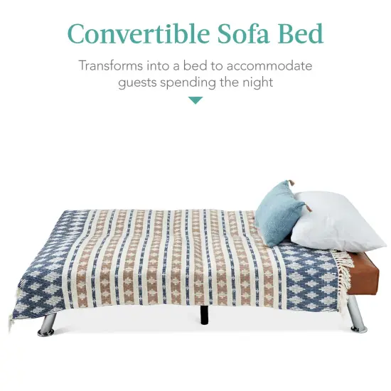 Best Choice Products Modern Faux Leather Convertible Futon Sofa w/ Removable Armrests, 2 Cupholders Tan {4}