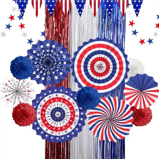4th of July Decorations Patriotic Decor American Flag Red White Blue Paper Fans Independence Day Star Streamer, Foil Fringe Curtain, Pom Poms, USA Pennant Bunting Party Decor Supplies {1}