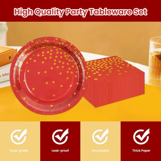 50PCS Red and Gold Birthday Plates and Napkins Party Supplies,25 x 7 Red Gold Foil Decorations Dessert Plates and 25 x 6.5 Napkins for Birthdays New Year Weddings Graduations {2}