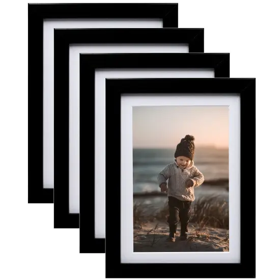 KINLINK 5x7 Picture Frames Black, Photo Frames with Plexiglass for Picture 4x6 with Mat or 5x7 without Mat, Composite Wood Picture Frames for Table Top and Wall Mounting, Set of 4 {1}
