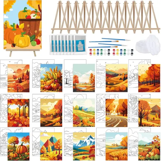 16 Set Pre-Drawn Canvas Painting Kit &ndash; 8x10 Inch with Easels & Brushes (Fall) {1}