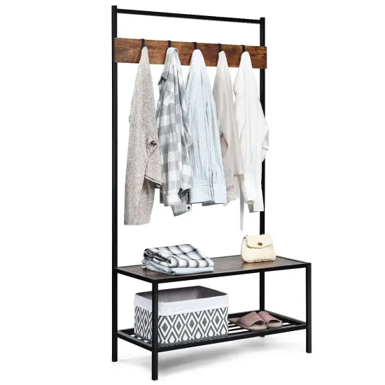 COSTWAY 3 in 1 Industrial Coat Rack Shoe Bench Entryway Hall Tree Storage Shelf w/ Hooks {1}