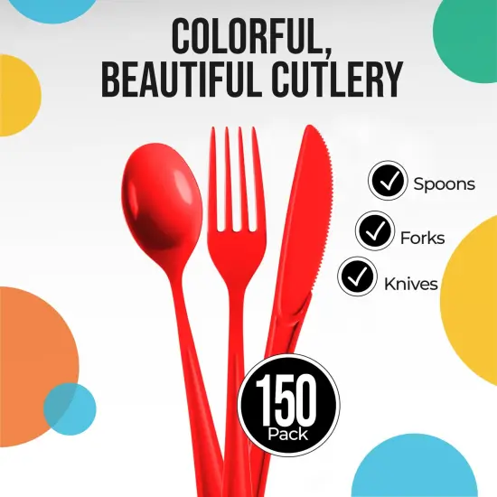 Exquisite Polished Plastic Silverware &ndash; 150 Pcs Heavy Duty Cutlery Set &ndash; 50 Each of Forks, Knives & Spoons &ndash; Disposable Utensil Set for Parties, Events & Catering &ndash; Flatware Set by Party Solids Red {2}