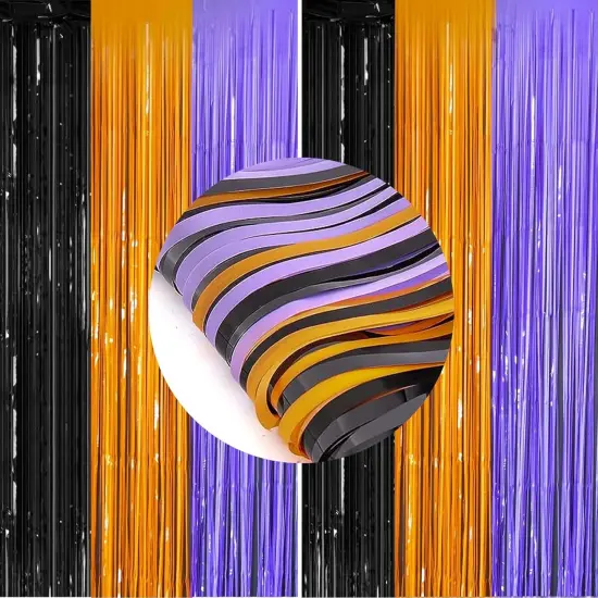 2 Packs 3.3ft x 6.6ft Orange Purple Black Metallic Tinsel Foil Fringe {1}