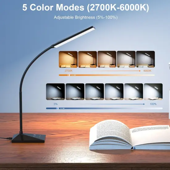 LED Desk Lamp Eye-Caring Table Lamps with USB Charging Port,7 Brightness Levels & 5 Color Modes,Touch Control and Memory Function, Flexible Gooseneck Reading Lamp for Home Office, Black {3}