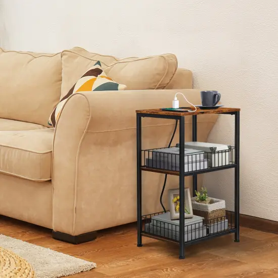Industrial End Table with Storage Shelf & Charging Station Lockable Wheels, Sturdy Wood & Iron Mesh Nightstand for Bedroom, Living Room, or Office {6}
