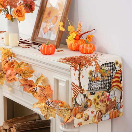 Fall Table Runner, Watercolour Gnome Harvest Truck Pumpkins Runner,13x72 Inch {3}