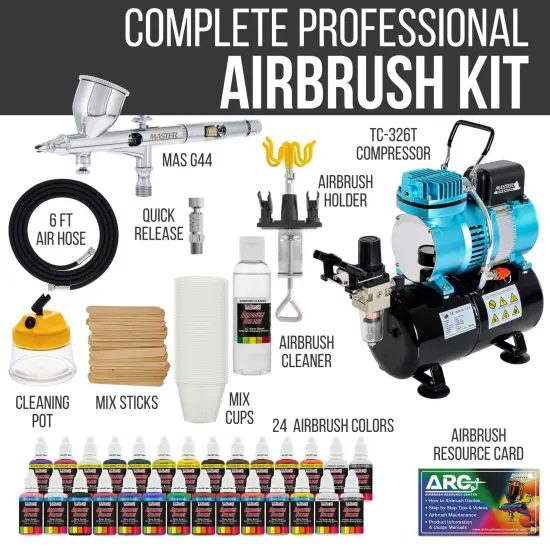Cool Runner II Dual Fan Air Storage Tank Compressor System Kit with Fine Detail Control 0.2mm Tip Airbrush, 24 Color Acrylic Paint Set, How-To Guide {2}