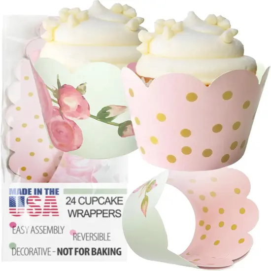 Cupcake Wrappers - Blush Pink & Gold Floral Wedding, Vintage Rose Bridal & Baby Shower Decorations, Fairytale Princess Birthday Party, Girl Gender Reveal, Reversible Dessert Wrap, Romantic (24 Count) {1}