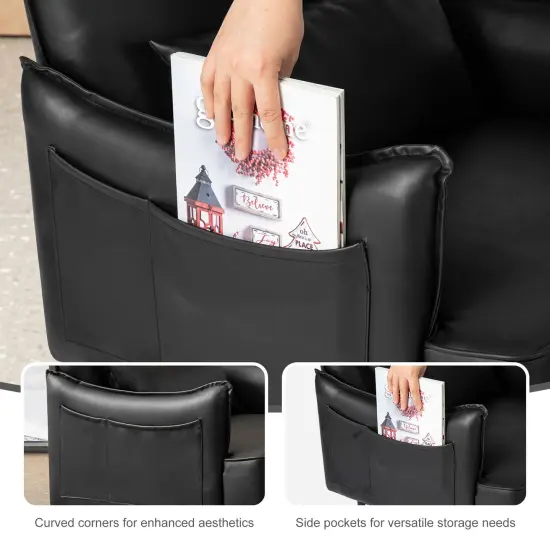 29.5"W Mid-Century Modern Leatherette Armchair With Side Pocket Black {4}