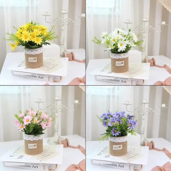 Set of 4 Mini Artificial Daisy Flowers in Pots &ndash; Faux Silk Floral D&eacute;cor for Home & Office {2}