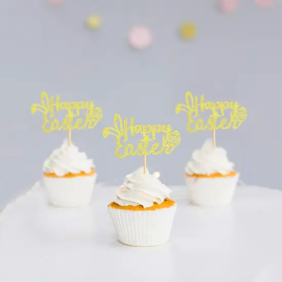 24 Pack Happy Easter Cupcake Toppers for Spring Party Decorations Cake Picks Cake Food Decor Appetizers Toothpicks Party Supplies Gold {2}