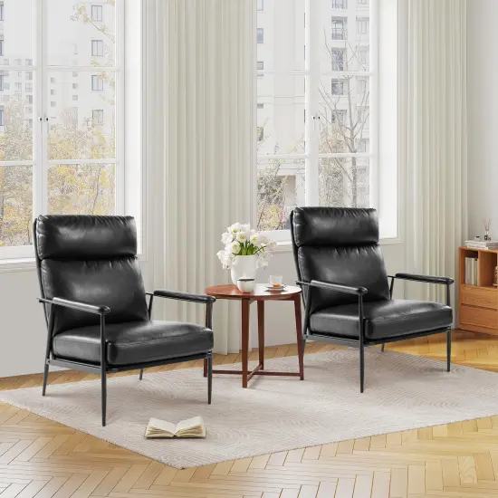 33.75"W Mid-Century Modern Leatherette Armchair With High Back and Padded Arms Set of 2-Black {1}