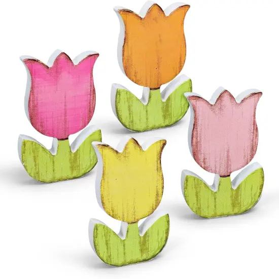 4Pcs Spring Tulips Wood Signs Rustic Farmhouse Tulip Flowers Table Decoration {1}