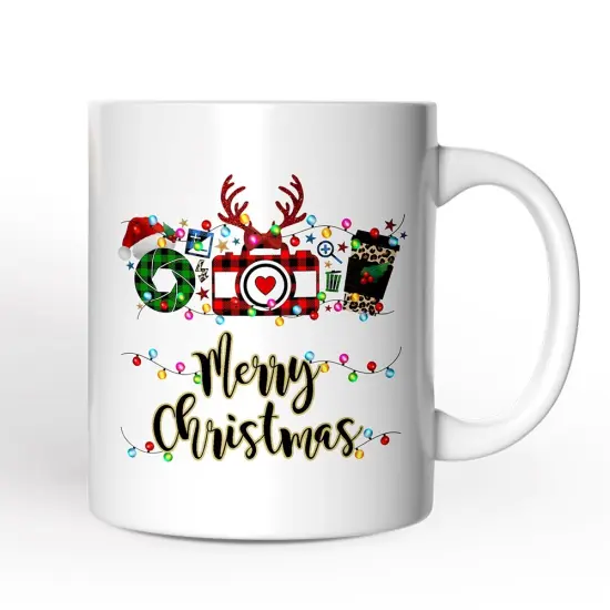 Photographer Buffalo Plaid Christmas Mug, Photography Accessories like Camera, Holiday Gift {1}