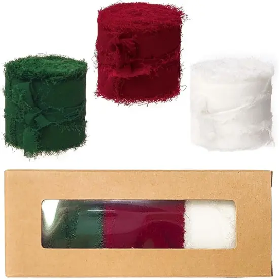 Frayed Chiffon Silk Ribbon 1-1/2 inch x 7 Yards x 3 Rolls Burgundy White Dark Green Set for Christmas Home Decor Gift Wrapping DIY Crafts Wedding Invitation Bouquets {3}