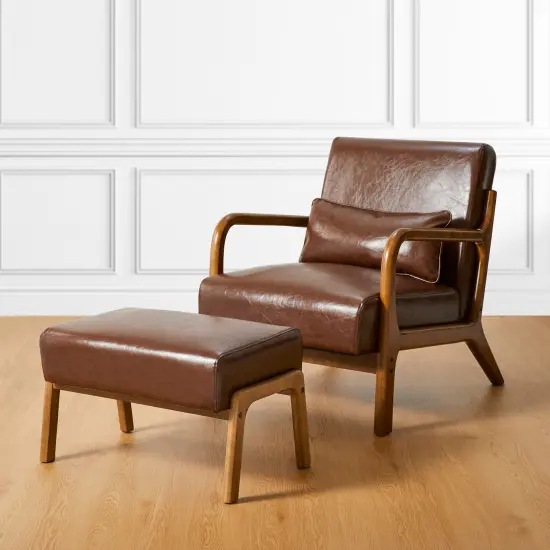 30.75"H Mid-Century PU Leather Armchair with Ottoman Set Brown {3}