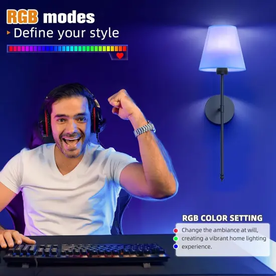 Battery Operated Wall Sconce Set of 2,Black Rechargeable Wall Lights with 5200mAh Dimmable Detachable Bulbs and Remote, 10 Colors Wireless Wall Lamps for Bedroom Living Room Hallway {3}