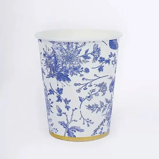 24 White 9 oz Blue Floral Design Disposable Paper Drinking CUPS Gold Rim Party {1}