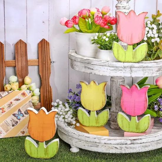 4Pcs Spring Tulips Wood Signs Rustic Farmhouse Tulip Flowers Table Decoration {3}