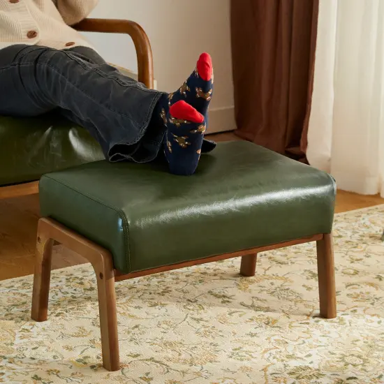 Mid-century Modern Leatherette Accent Stool with Walnut Rubberwood Legs {2}
