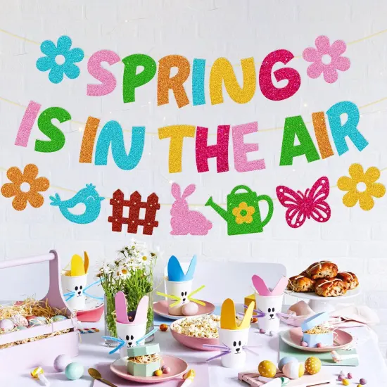 Spring is in The Air Banner Hello Spring Party Decorations Flower Bunny Bird Butterfly Sign Garland for Welcome Spring Happy Easter Festival Colorful Glitter Party Supplies {4}