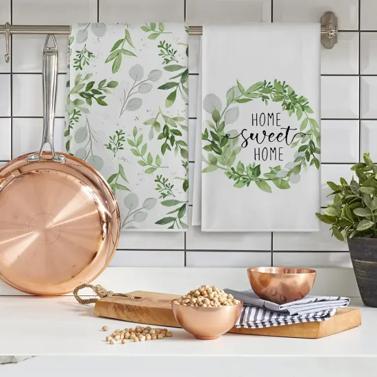 Greenery Kitchen Towel 18 x 28 Inch Watercolor Green Leaves Dish Towel Home Sweet Home Eucalyptus Hand Drying Tea Towel for Spring Summer Baking Cooking Cleaning Party Supplies, 2Pcs {5}