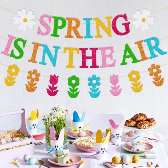 Spring is in The Air Banner Hello Spring Party Decorations Tulips Flowers Garland Welcome Spring Happy Easter Festival Colorful Glitter Party Supplies {4}